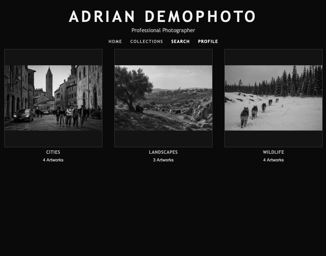 Adrian Demofoto collections page showing Cities, Landscapes, and Wildlife collection cards
